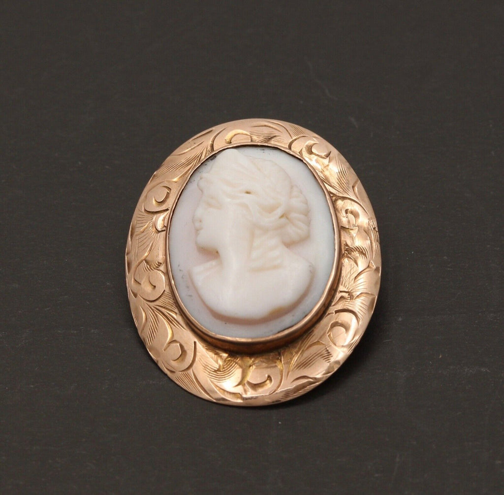 Victorian Angel Skin Coral Portrait 10K Yellow Gold Brooch Pin
