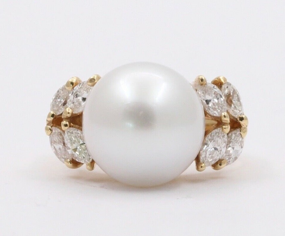 Vintage South Sea Pearl Diamonds 14K Yellow Gold Cocktail Ring