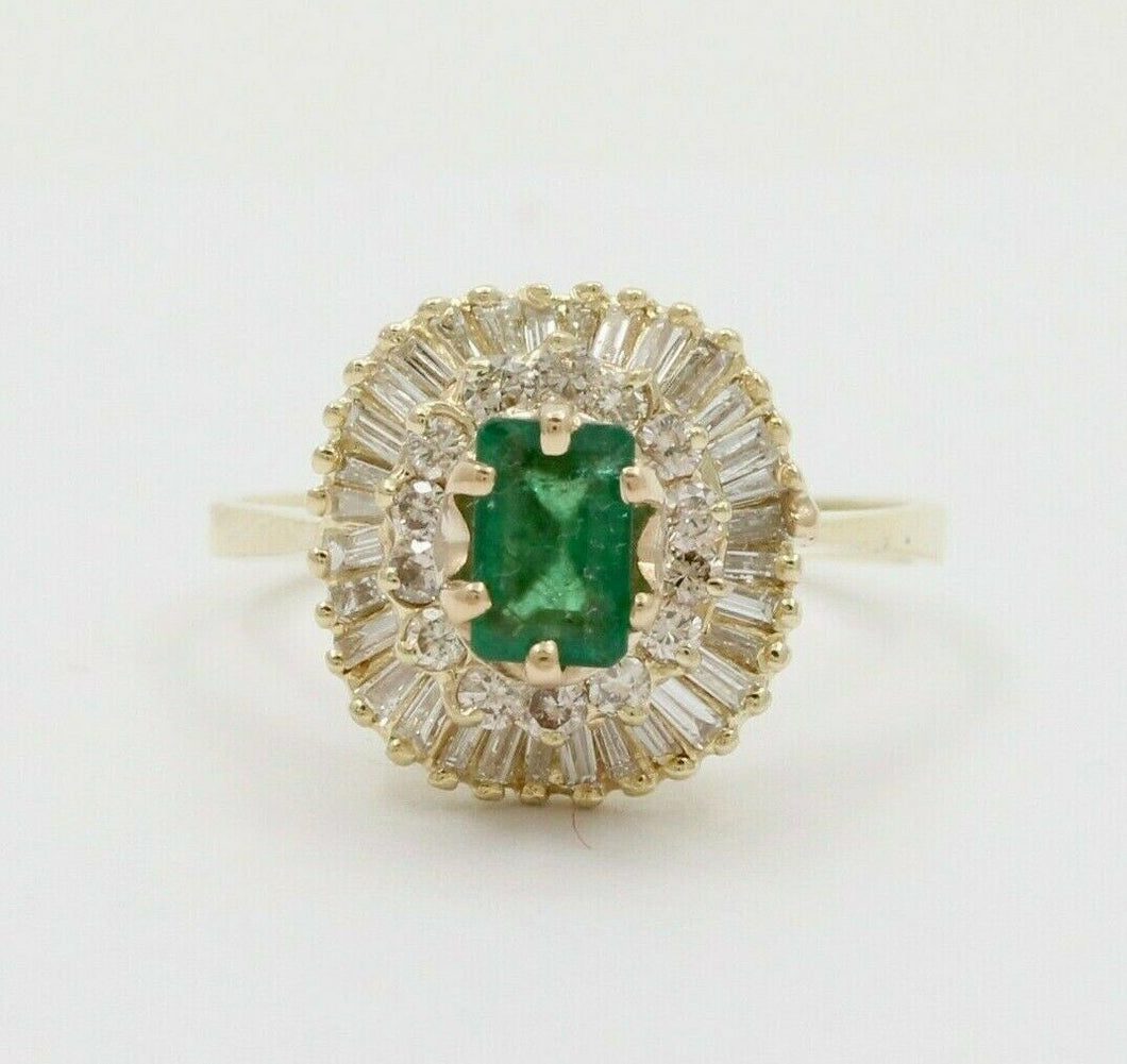 Vintage Emerald Ring Ballerina Damond 14K Yellow Gold Ring, Engagement Ring,