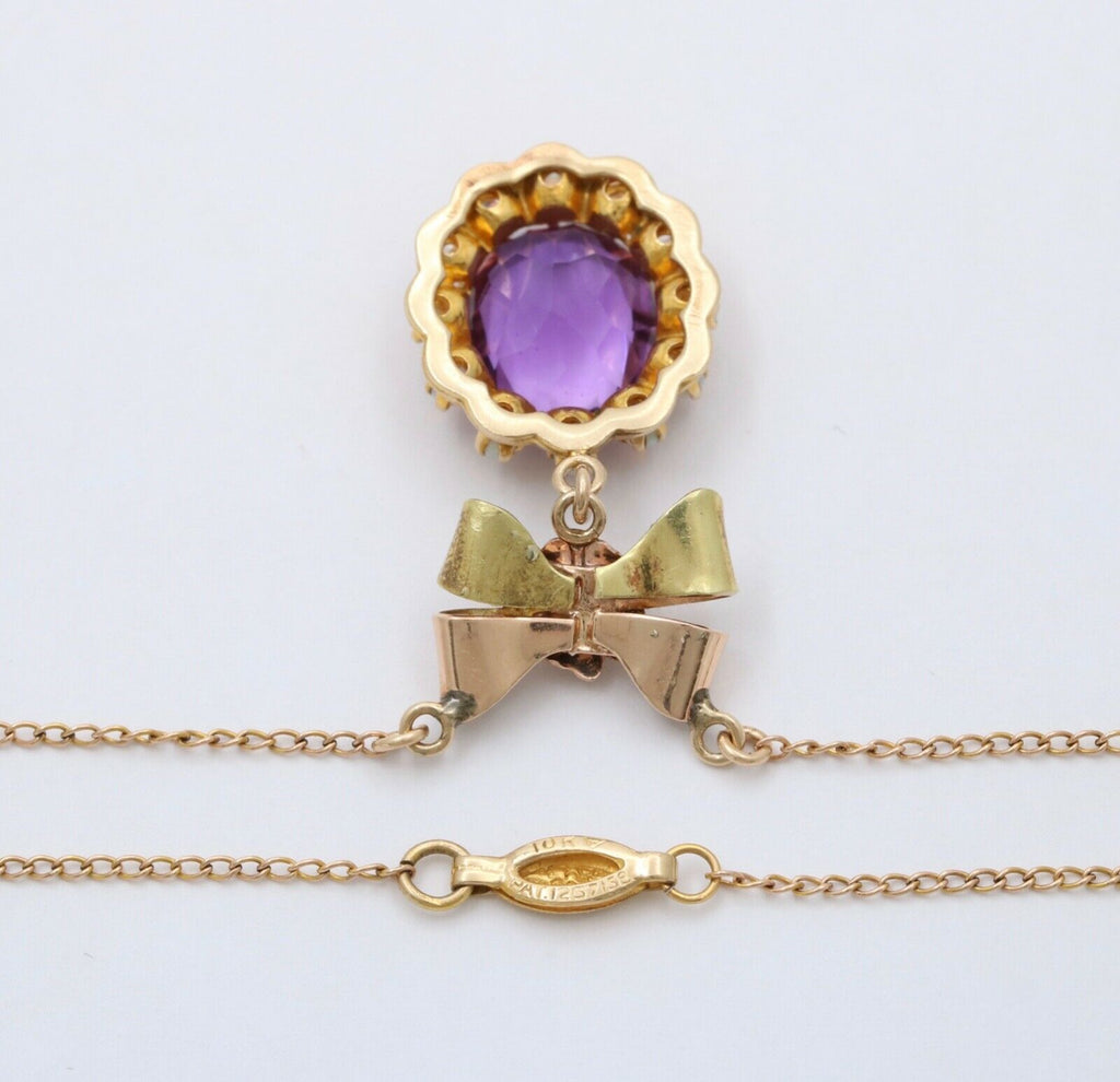 Vintage Bow Amethyst Opals 10K Yellow Gold Pendant and Chain