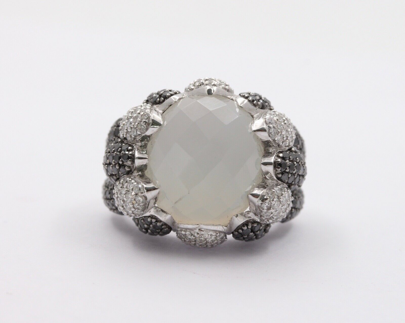 Vintage Milky Quartz White Black Diamonds 18K White Gold Cluster Ring
