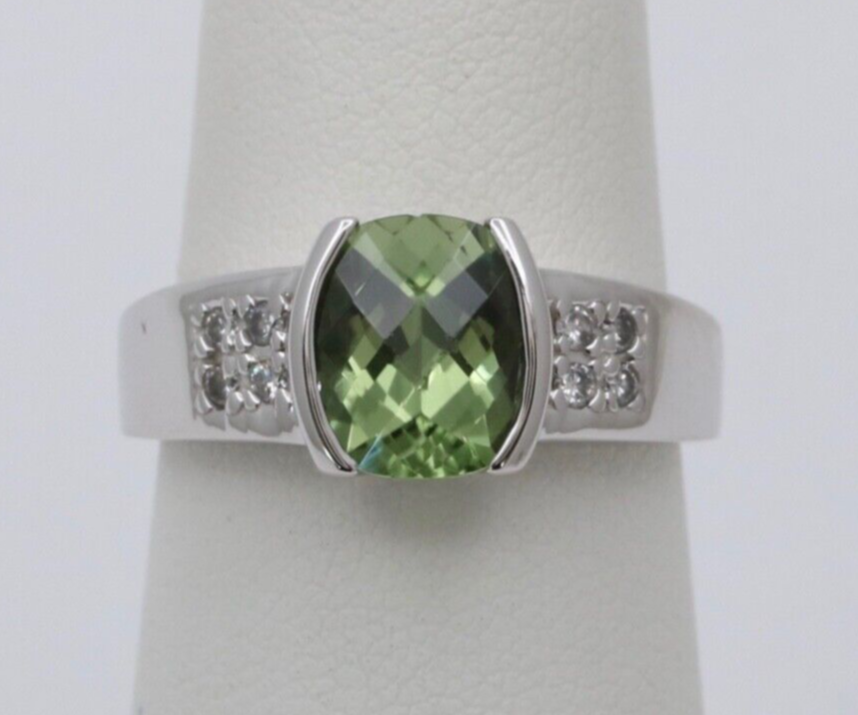 Vintage 14K White Gold Green Tourmaline and Diamond Ring, Engagement Ring