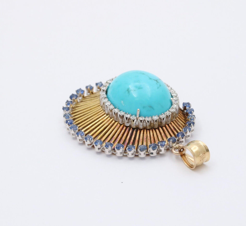 Funky Vintage 18K Yellow Gold Large Turquoise, Sapphire and Diamond Pendant