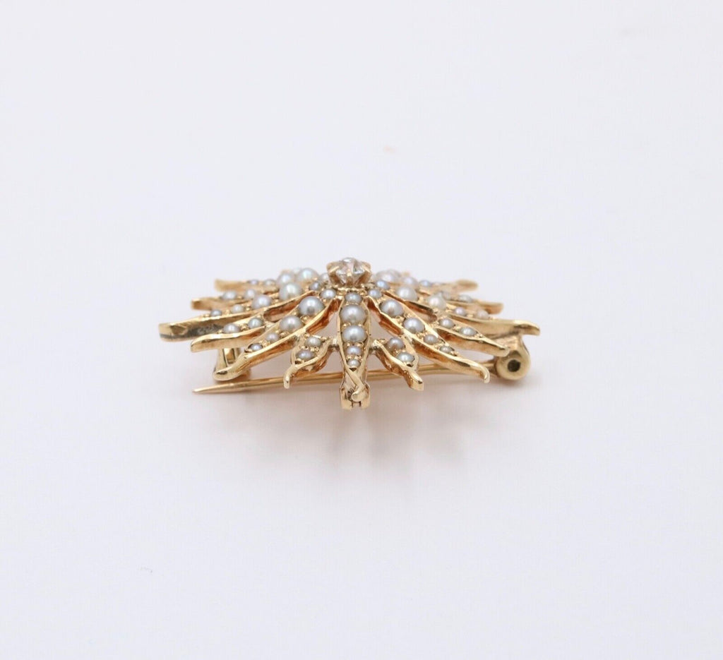 Victorian Edwardian Starburst Diamond Seed Pearls 14K Yellow Gold Pendant Brooch