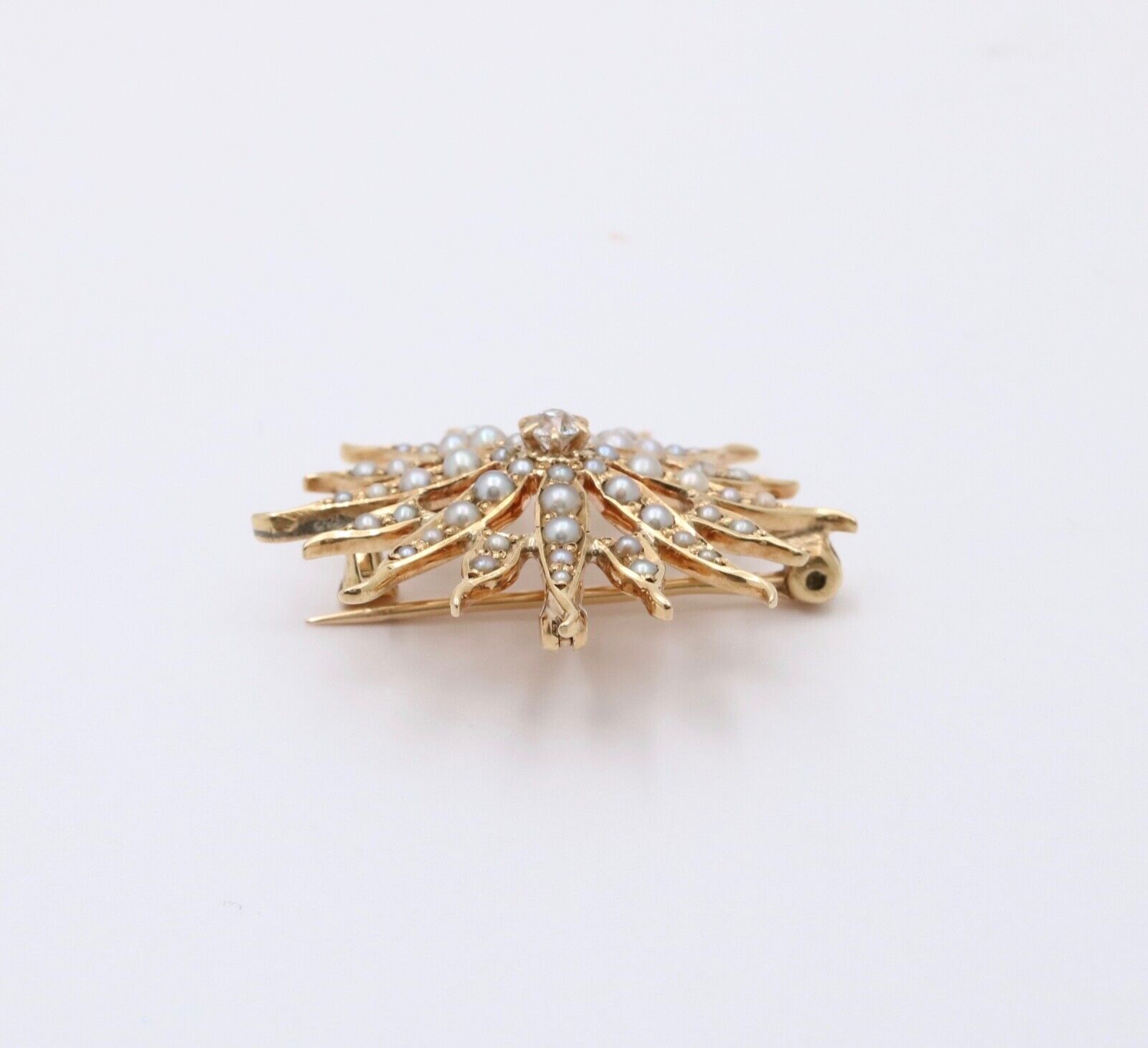 Victorian Edwardian Starburst Diamond Seed Pearls 14K Yellow Gold Pendant Brooch