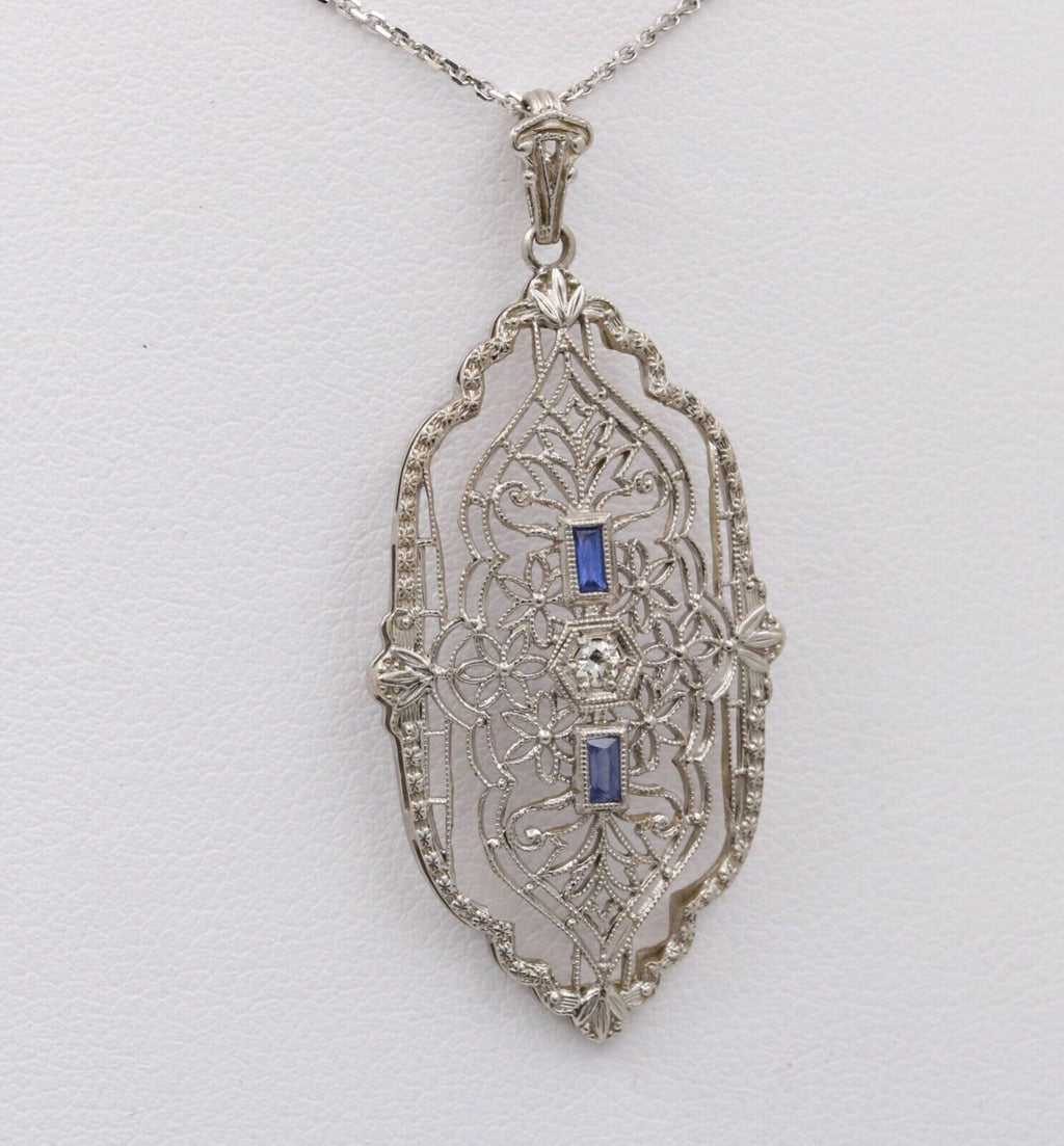 Art Deco 14K White Gold Filigree Pendant, Necklace