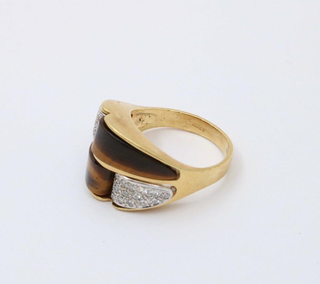 Vintage Italian Tiger's Eye Diamonds 18K Yellow Gold Ring