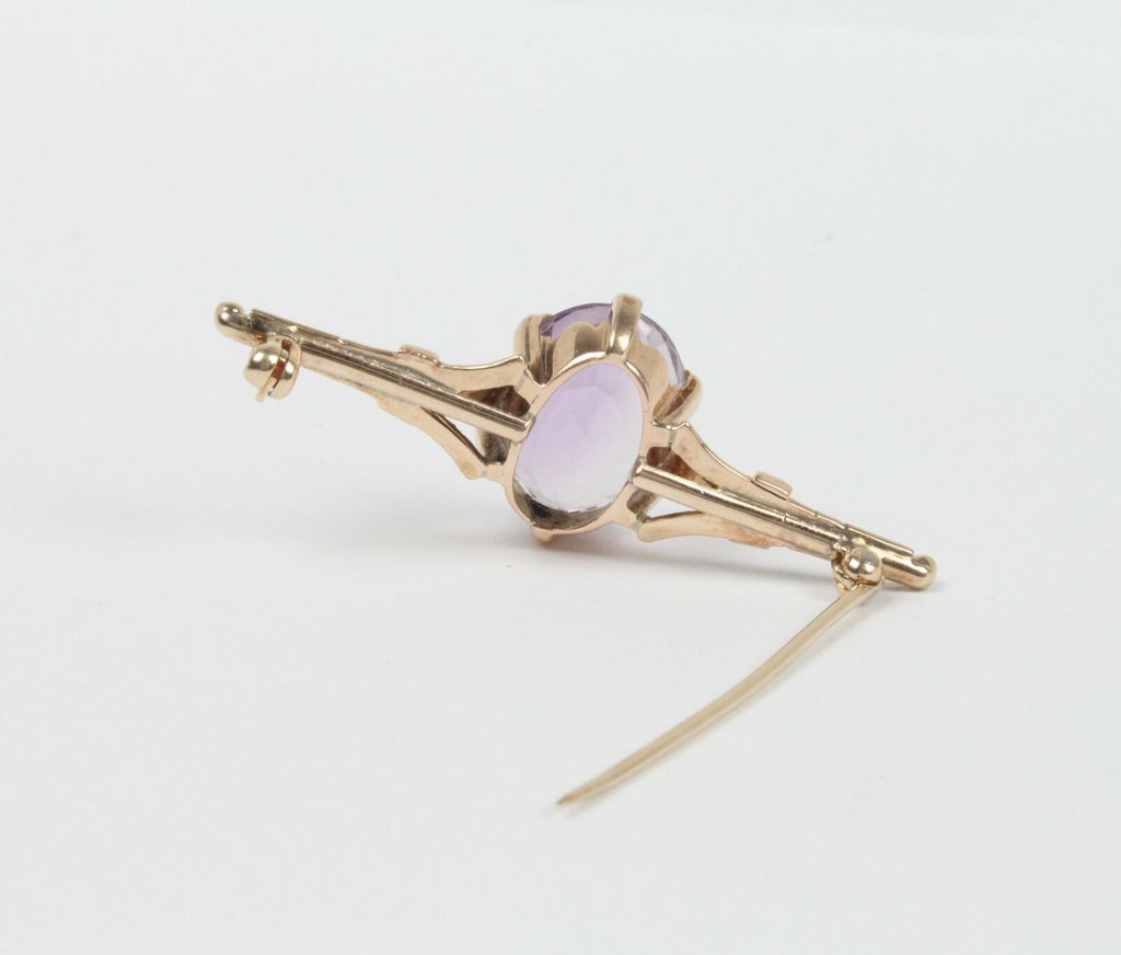 Vintage 14K Yellow Gold Amethyst Bar Brooch, Pin.