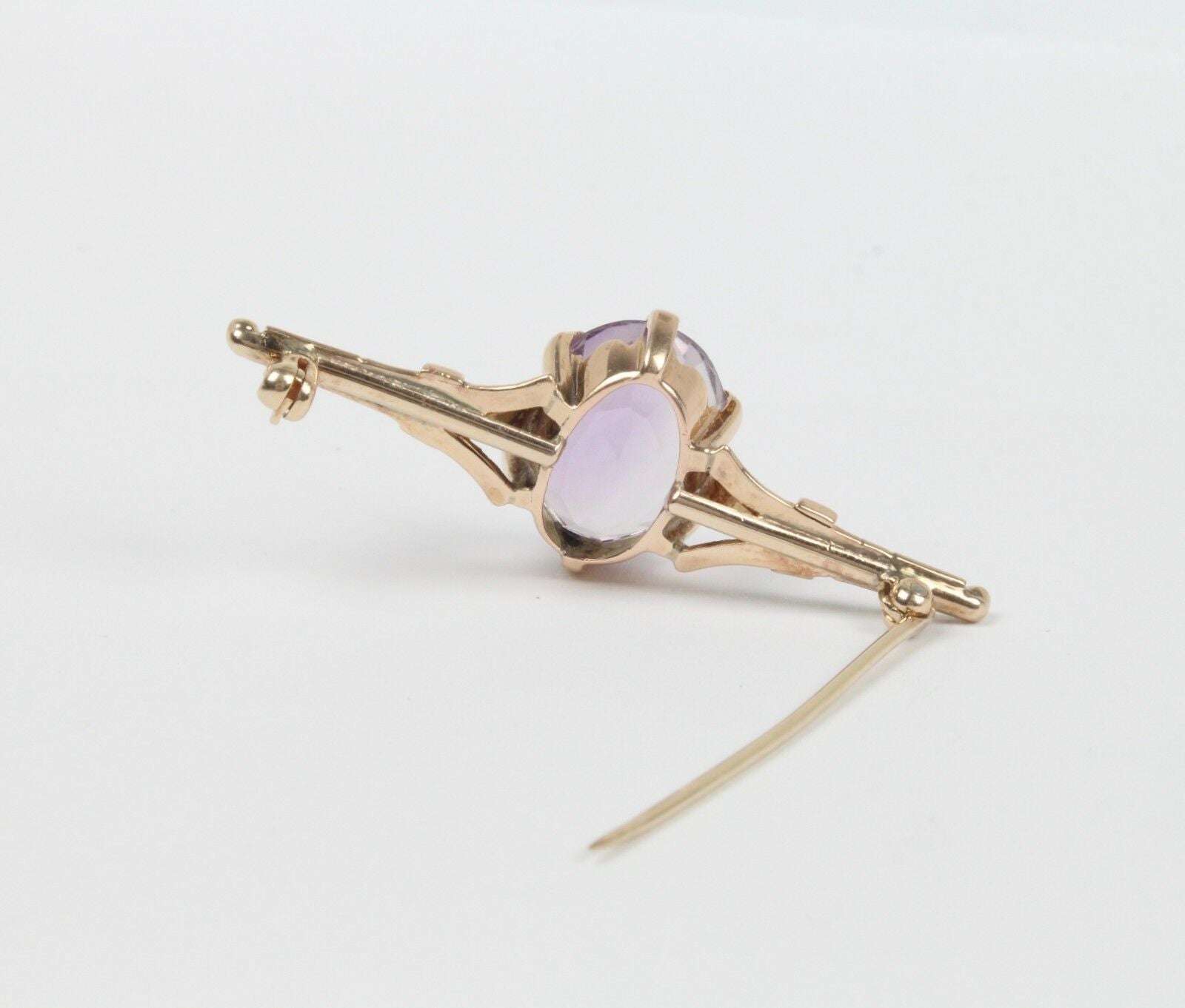 Vintage 14K Yellow Gold Amethyst Bar Brooch, Pin.