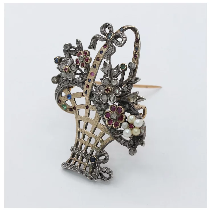 French Victorian Ladies Brooch Flower Basket 18K Ruby Diamonds Sapphires Pearl