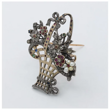 Load image into Gallery viewer, French Victorian Ladies Brooch Flower Basket 18K Ruby Diamonds Sapphires Pearl
