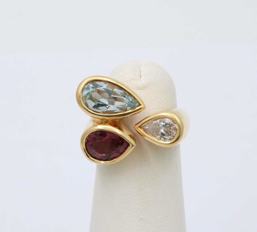 Vintage Geometric Diamond Aquamarine Tourmaline 18K Yellow Gold Ring