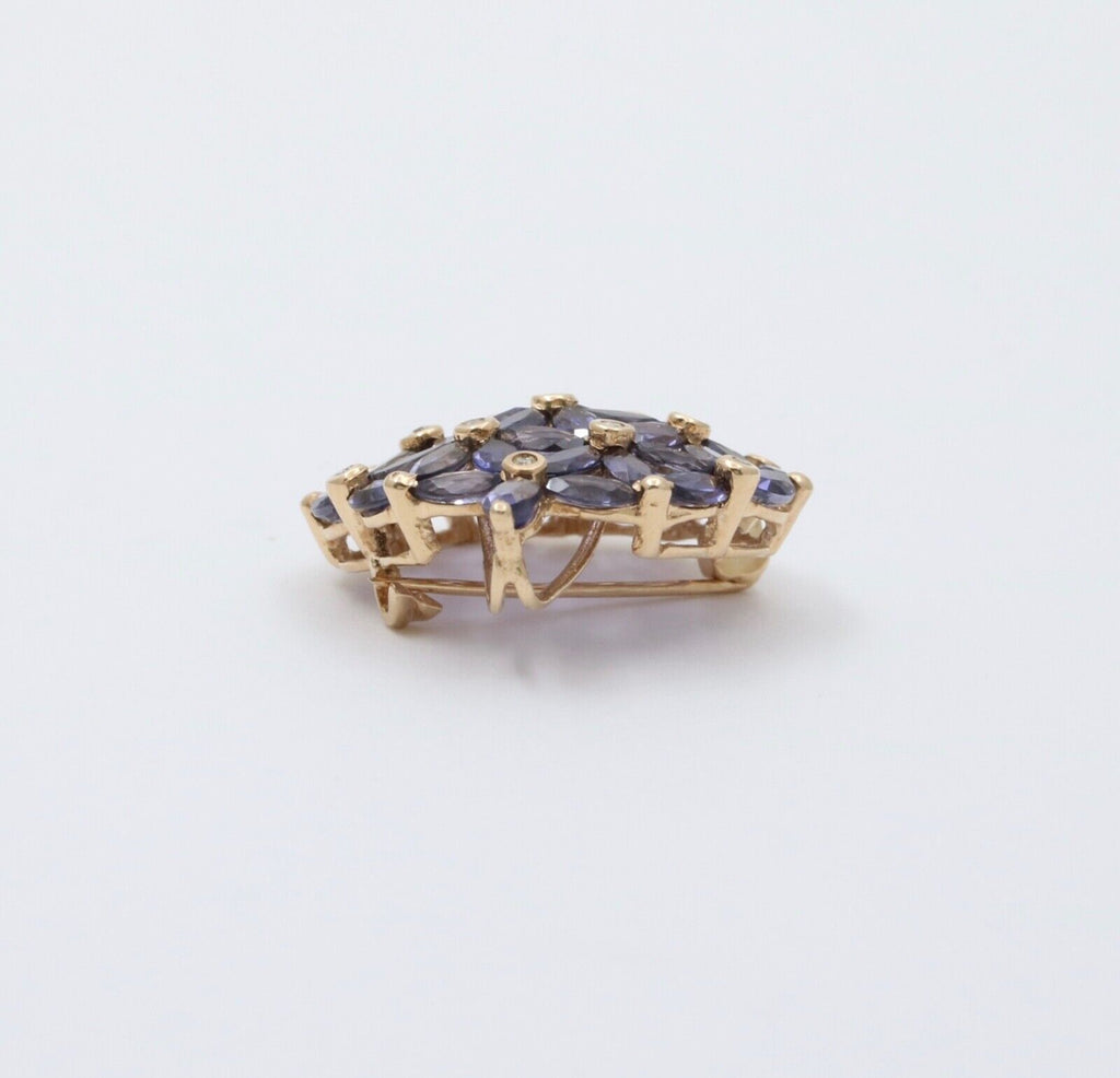 Vintage Tanzanite Diamonds 10K Yellow Gold  Hydrangea Pendant Brooch Pin