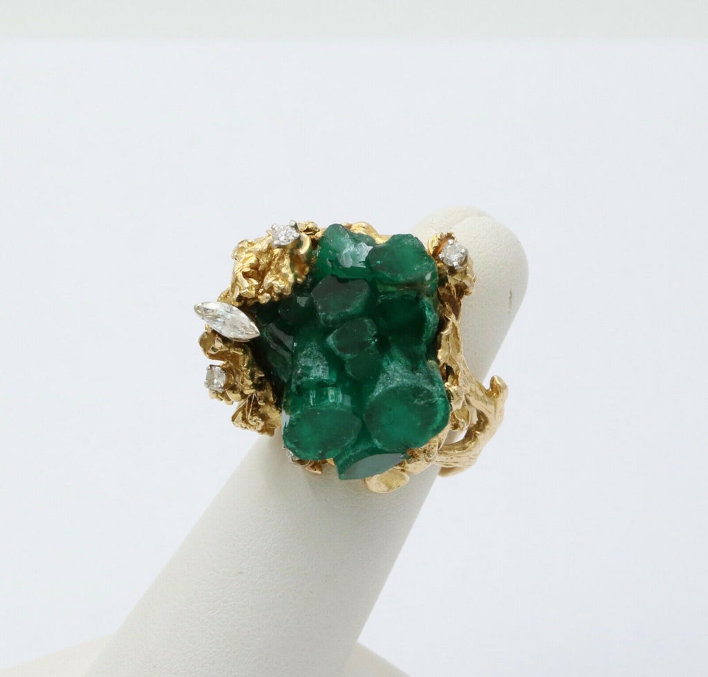 Vintage Brutalist Chatham Emerald Diamonds 14K Yellow Gold Ring