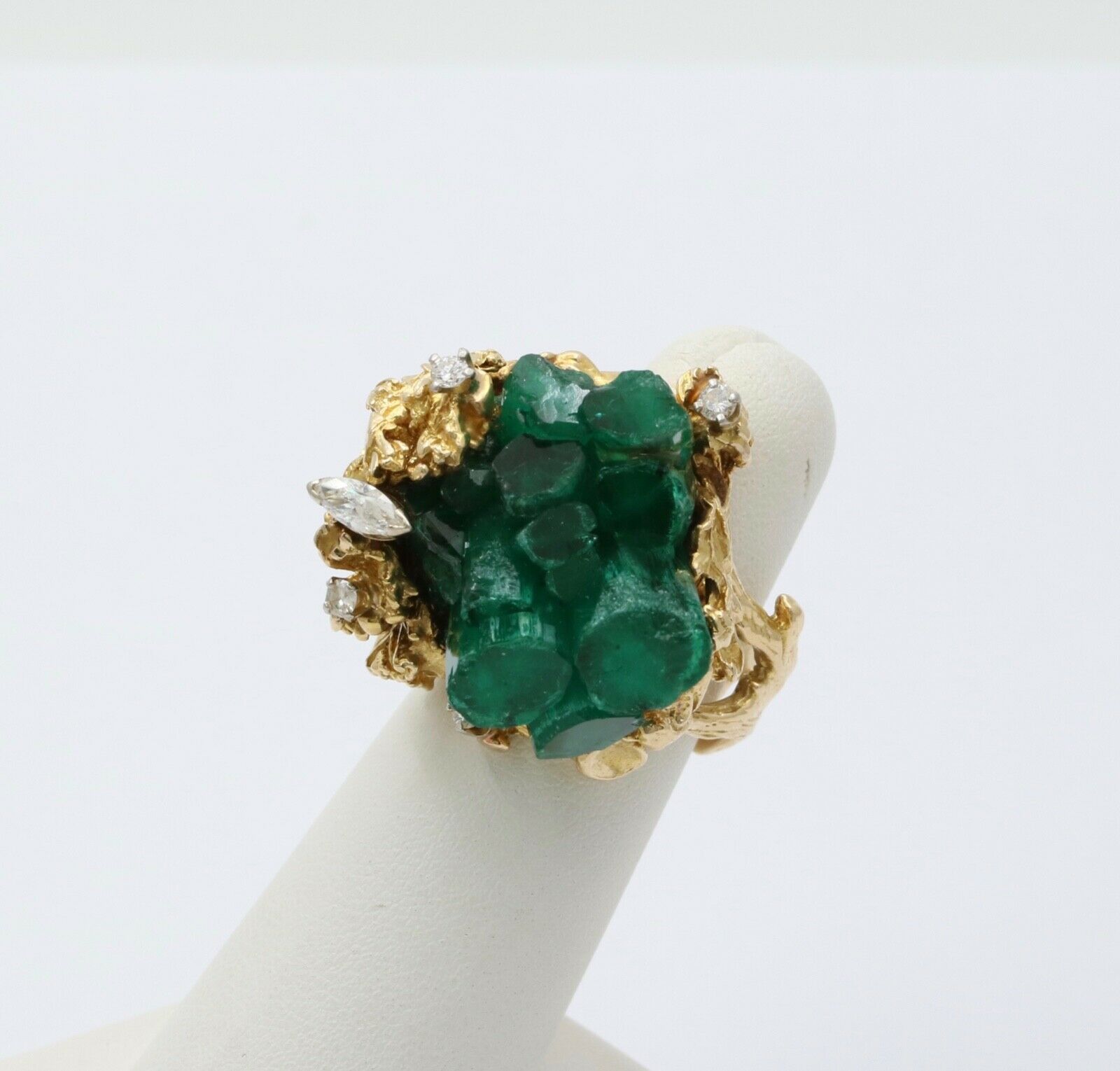 Vintage Brutalist Chatham Emerald Diamonds 14K Yellow Gold Ring