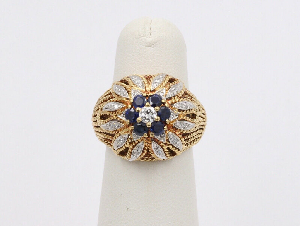 Italian Vintage High Dome Cluster Ring Sapphires Diamonds 18K YG WG Ring