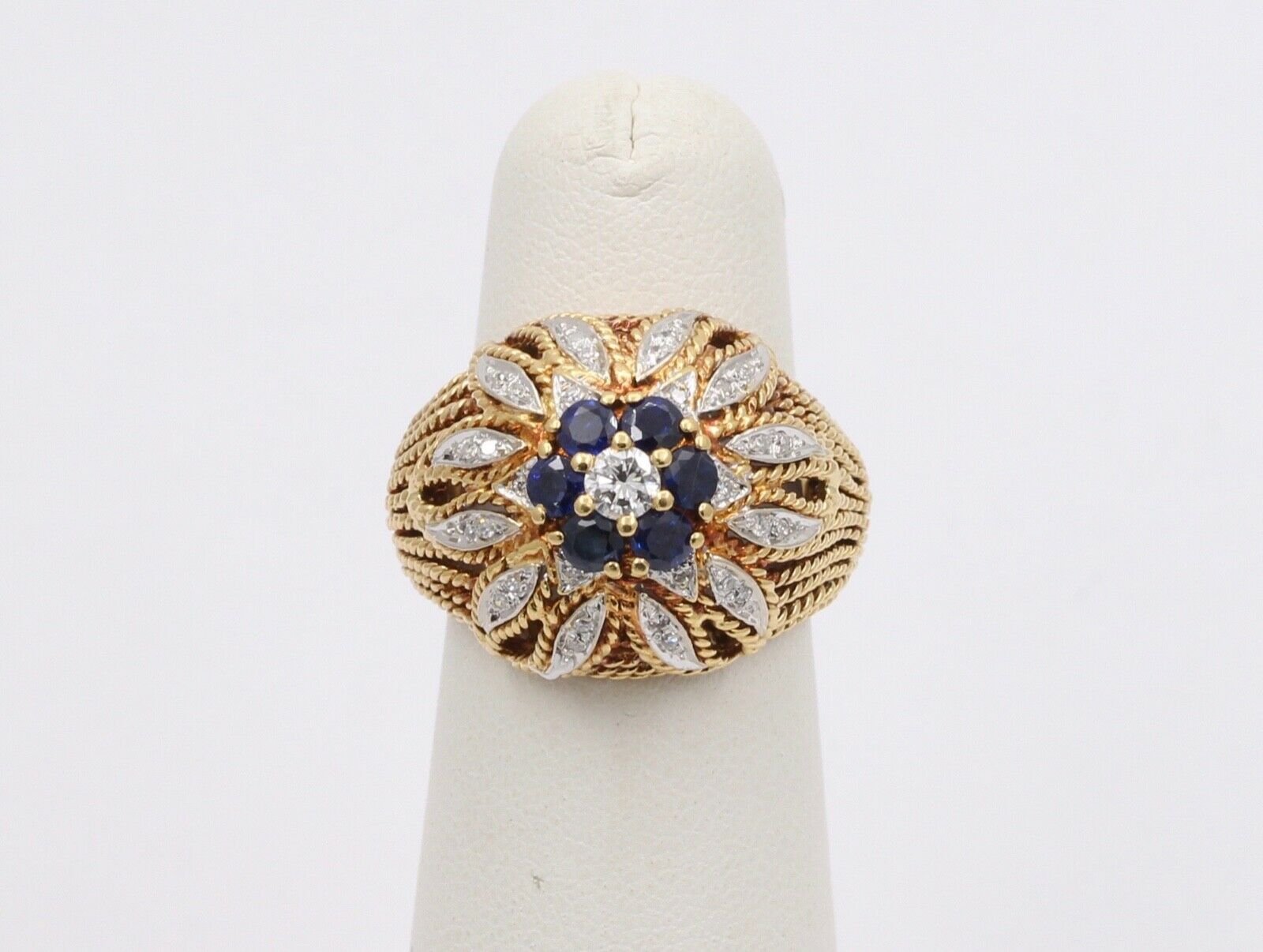 Italian Vintage High Dome Cluster Ring Sapphires Diamonds 18K YG WG Ring