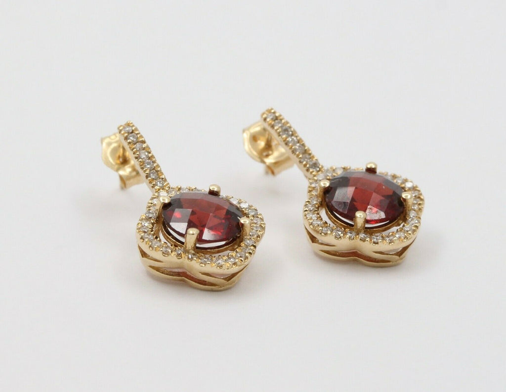Vintage 14K Yellow Gold Alhambra Style Diamond Garnet Drop Earrings