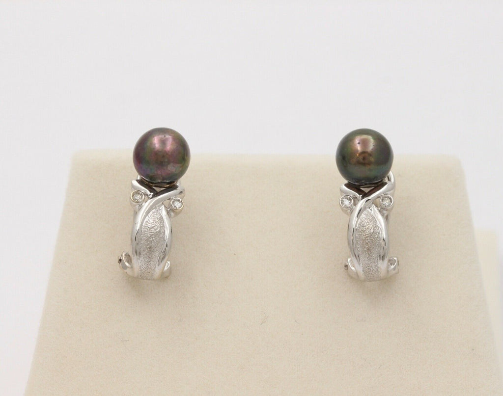 Vintage Tahitian Black Pearls Diamonds 14K White Gold Earrings