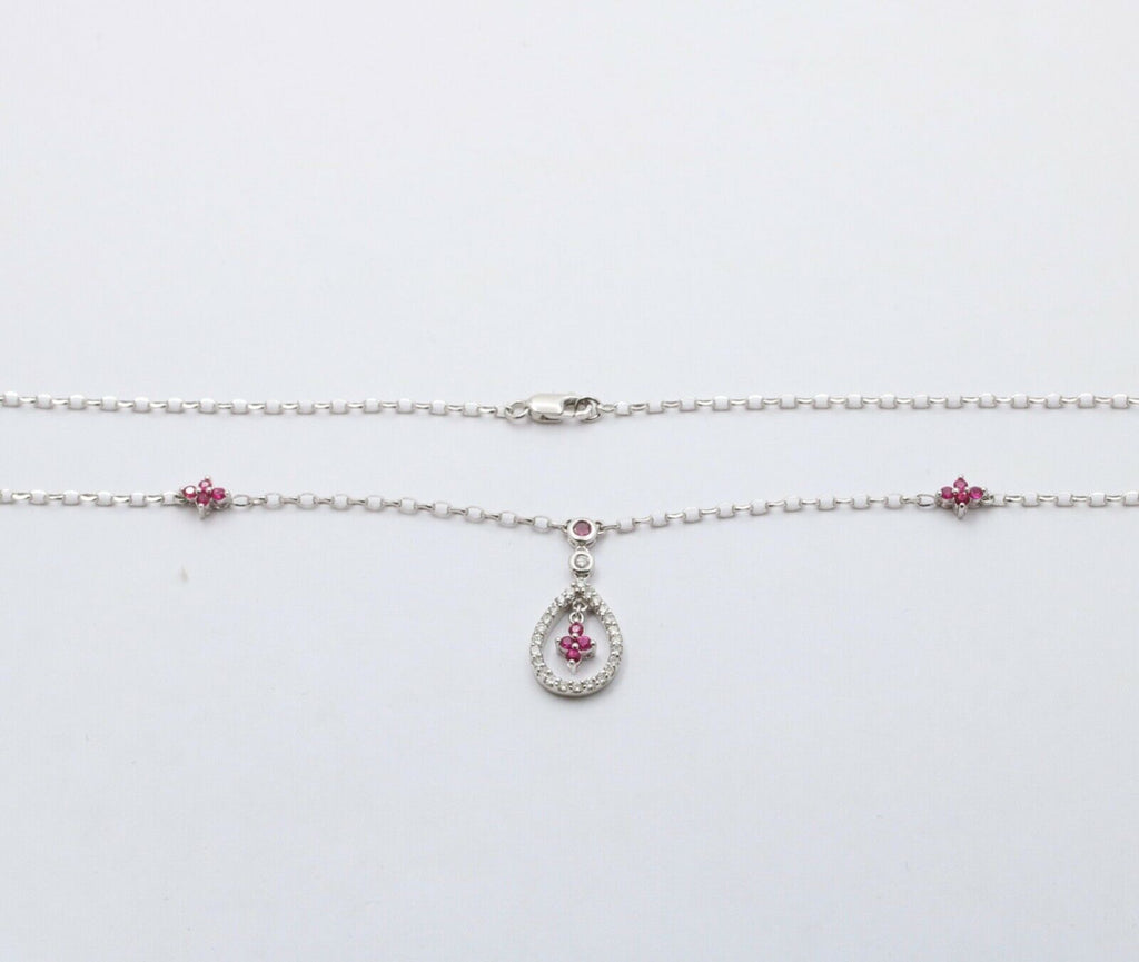 Elegant 18K White Gold Tear Drop Diamond & Ruby Pendant Necklace
