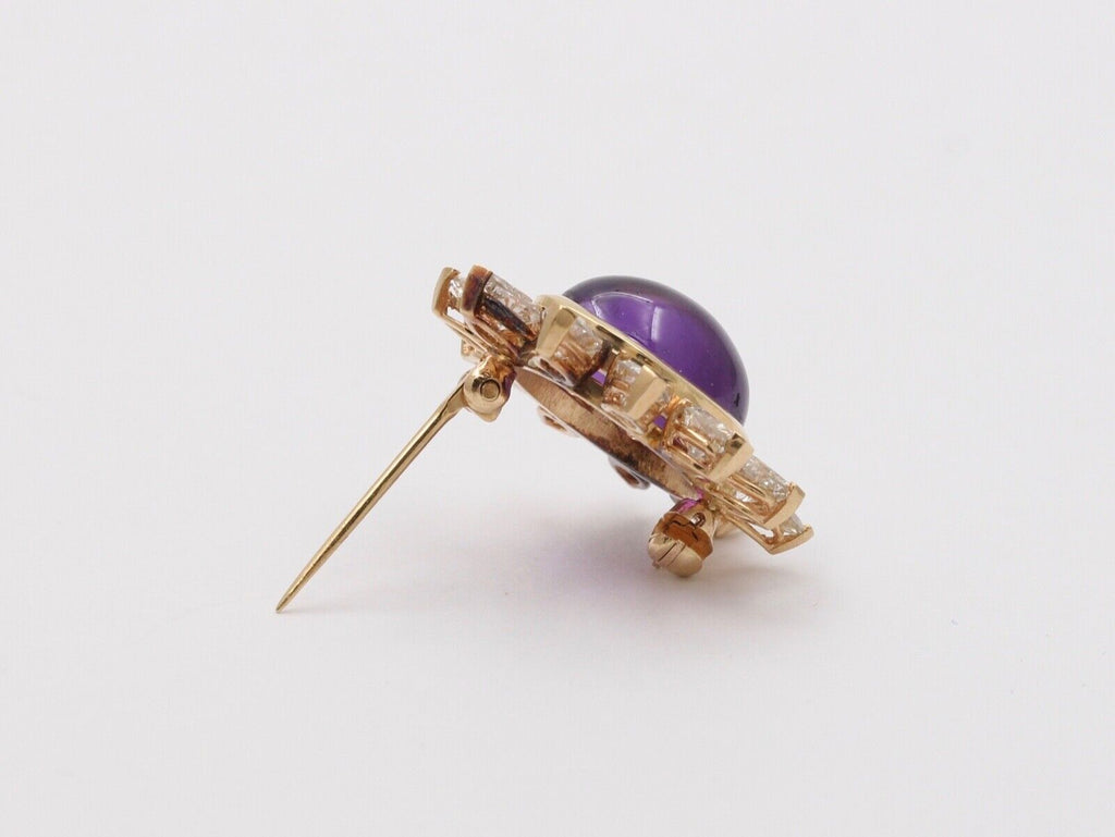 Vintage 14K Yellow Gold Diamond and Amethyst Flower Brooch