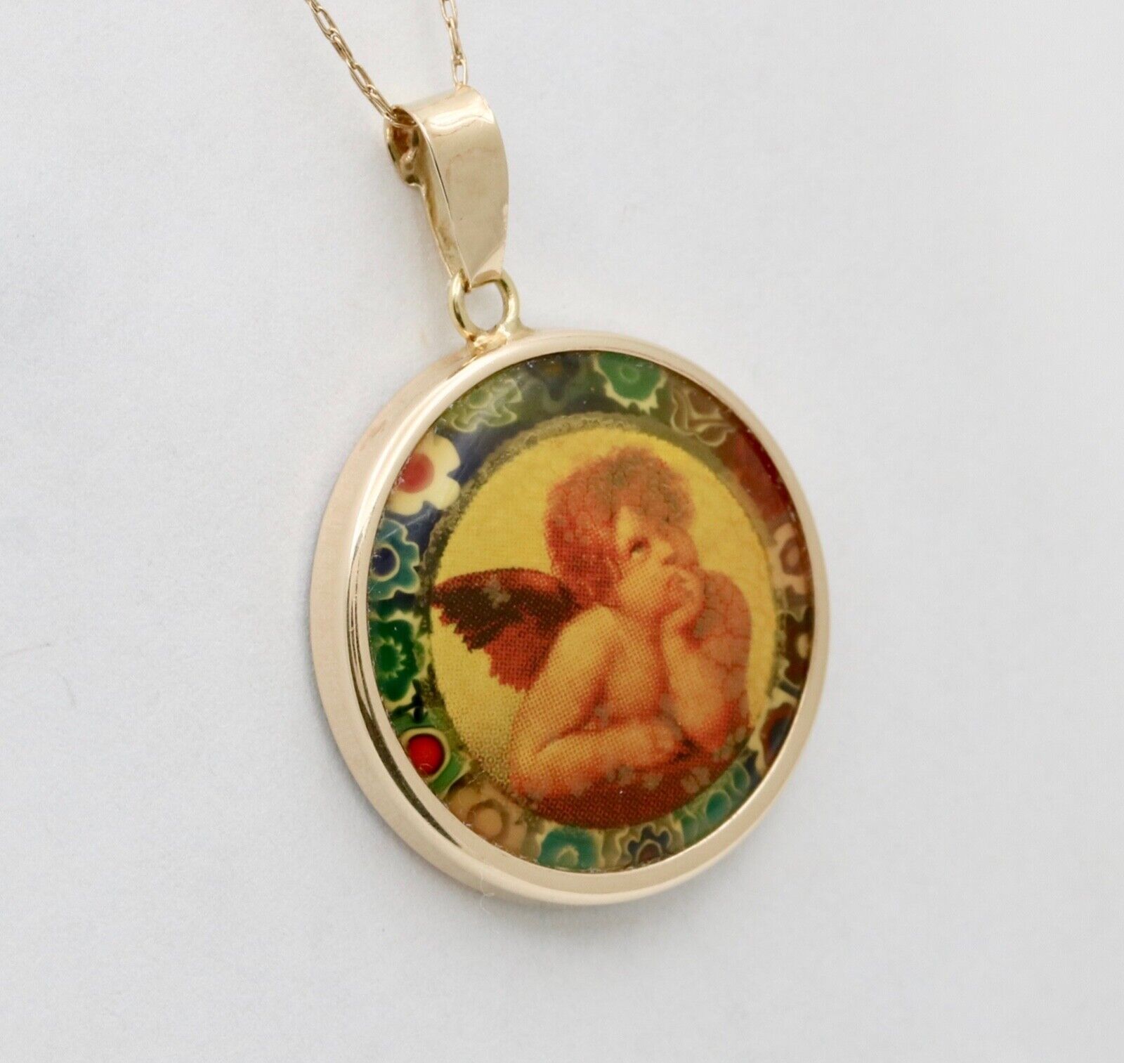Vintage Italian Angel Portrait 14K Yellow Gold Pendant