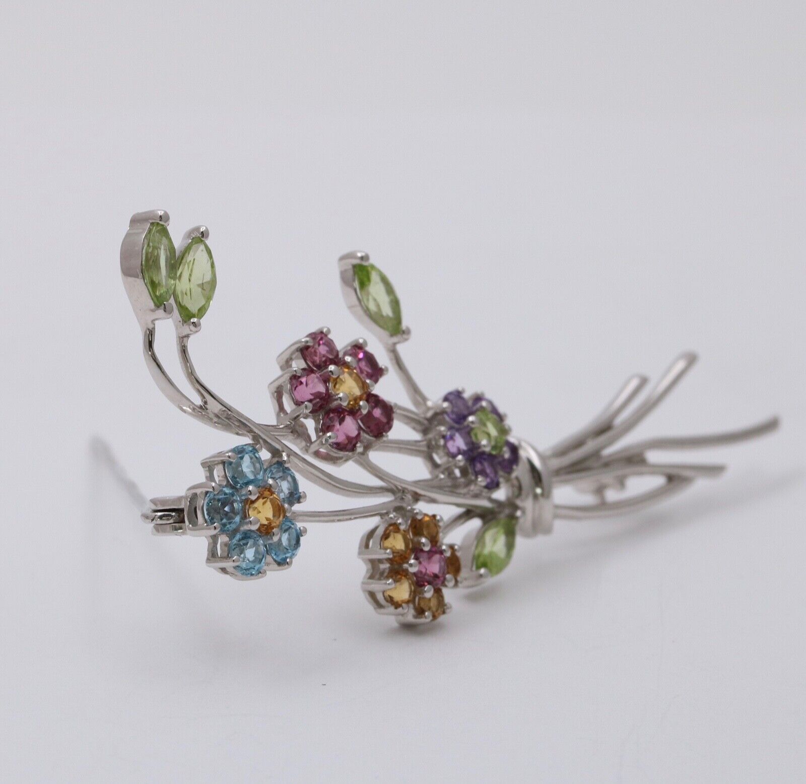 Vintage Flower Bouquet Multi Stone 14K White Gold Brooch