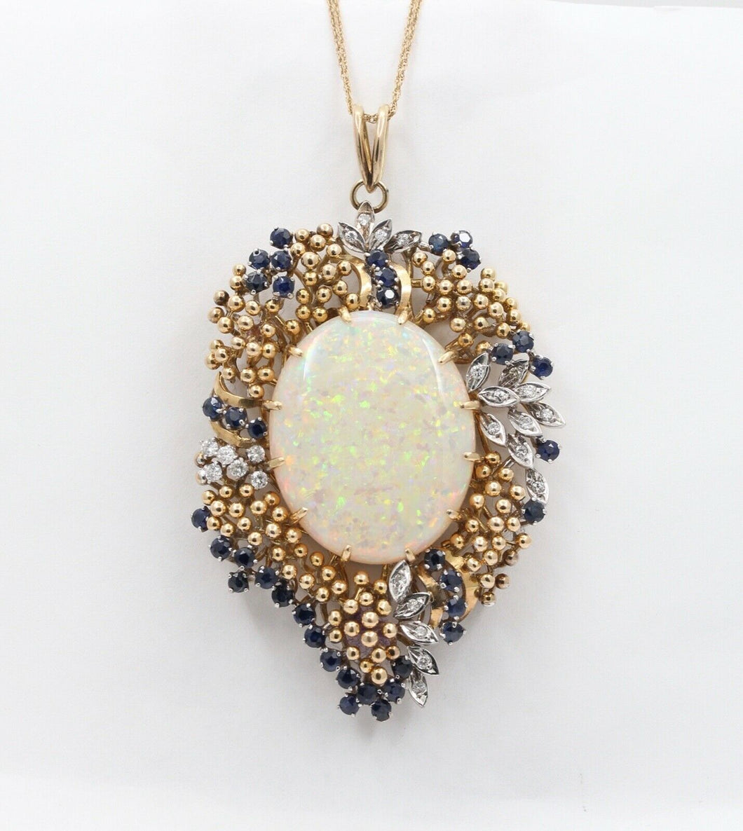 Vintage 14K Yellow Gold Giant Opal Diamond Sapphire Grape Pendent