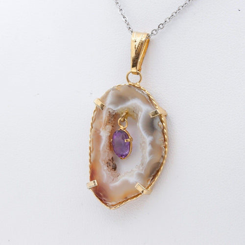 Vintage Agate Geode Crystal & Amethyst February Birthstone Pendant