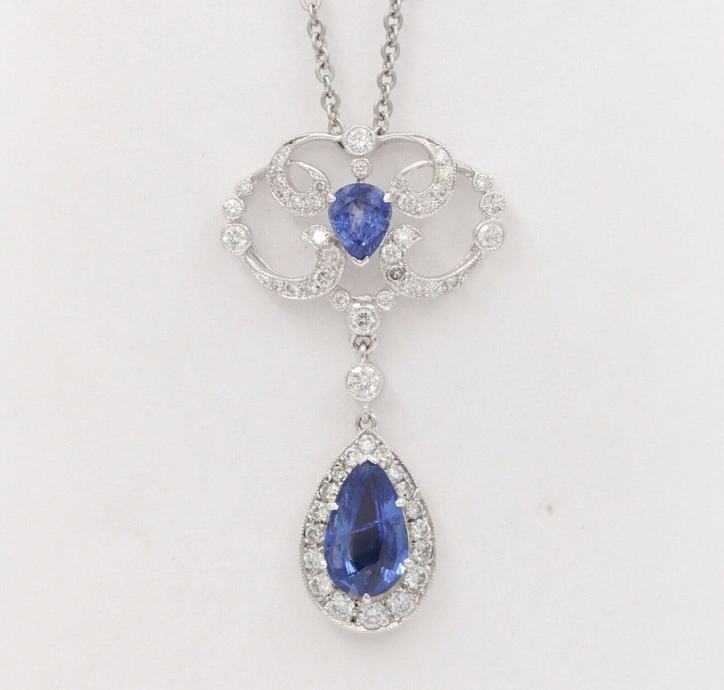 Elegant Blue Sapphires Diamonds 18K White Gold Pendant