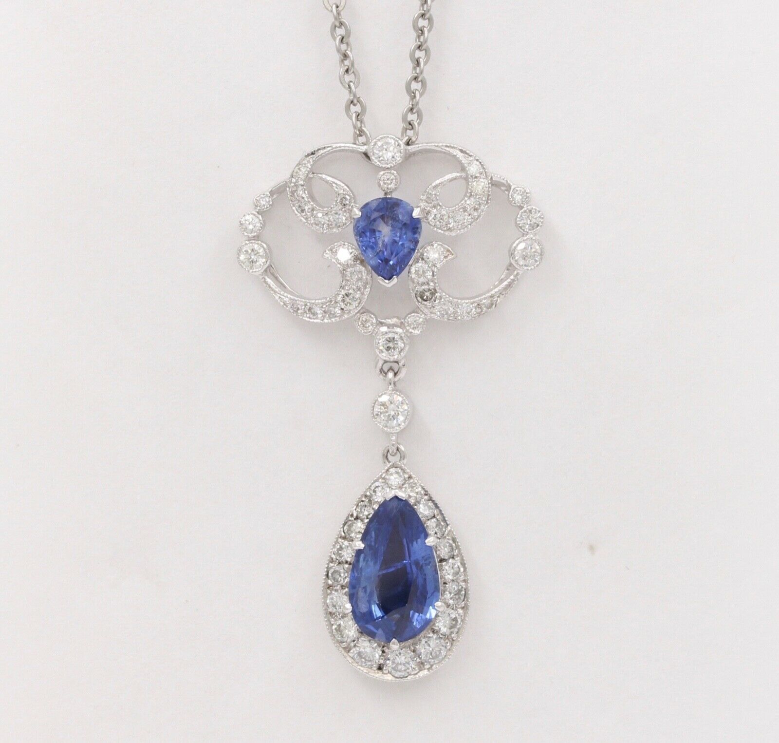 Elegant Blue Sapphires Diamonds 18K White Gold Pendant