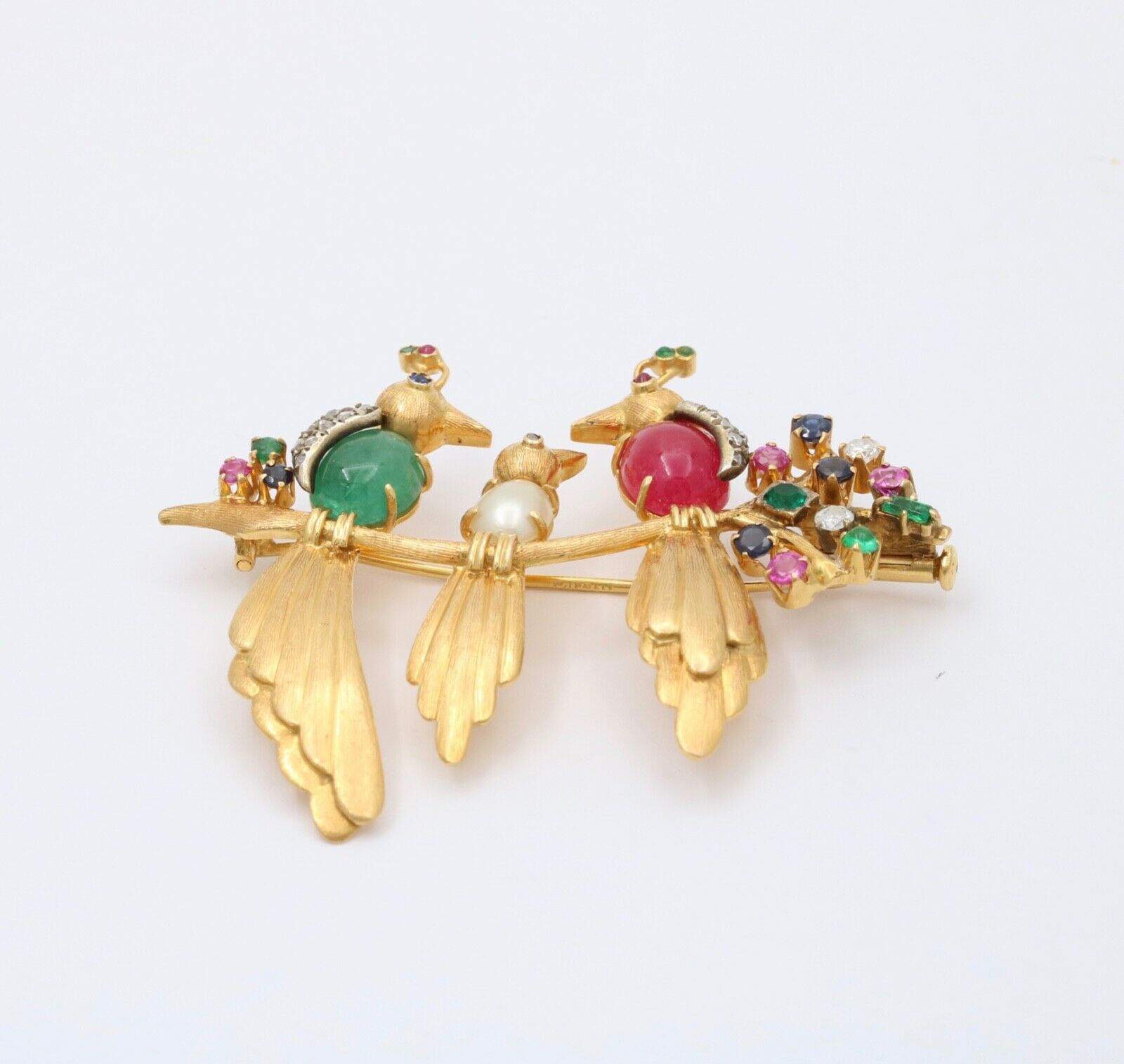 Birds of Paradise Emeralds Rubies Diamonds 18K YG Brooch