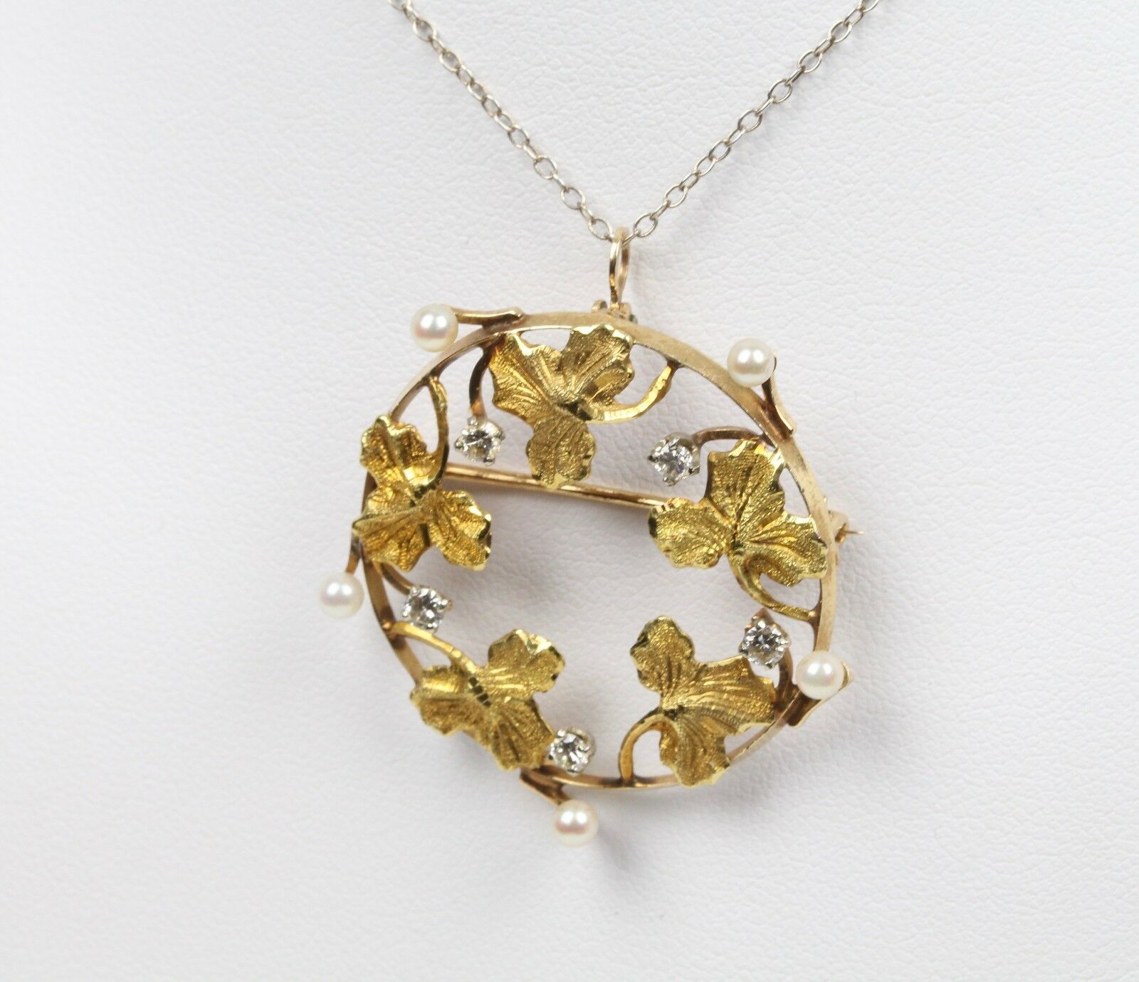 Art Nouveau 14K Yellow Gold Ivy Wreath Diamond & Pearl Pendant Brooch