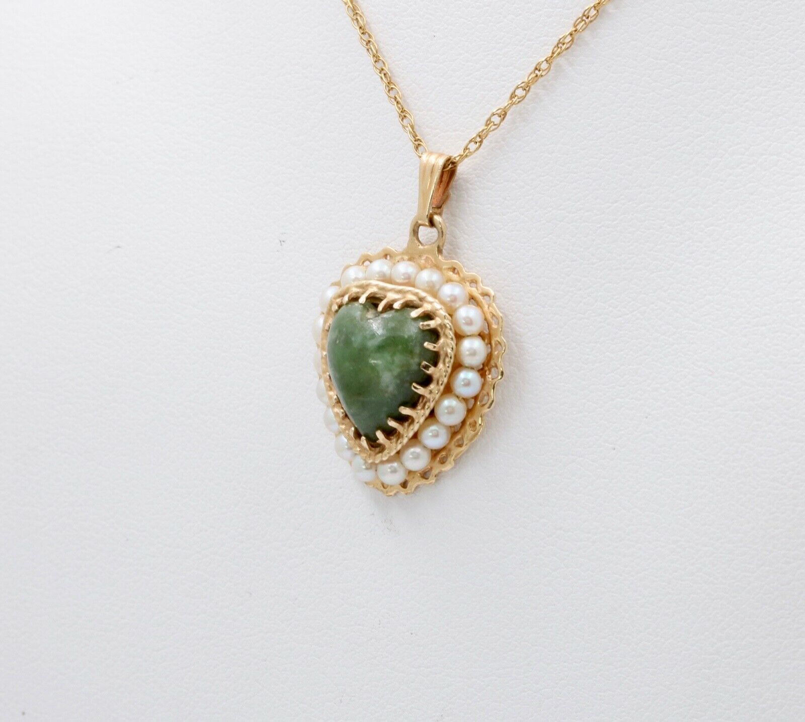 Vintage 14K Yellow Gold Heart Aventurine Pearl Pendant Necklace, Heart Charm