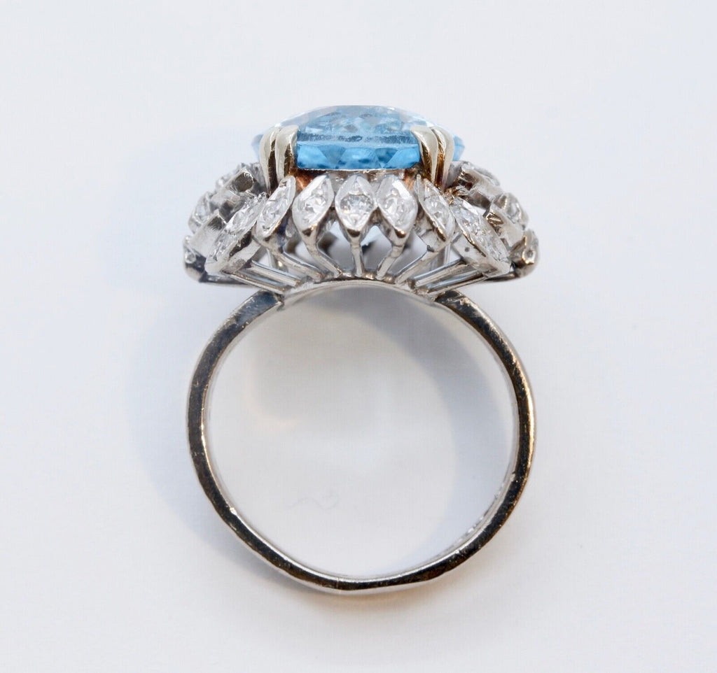 Vintage Blue Topaz Diamonds 14K White Yellow Gold Cocktail Ring