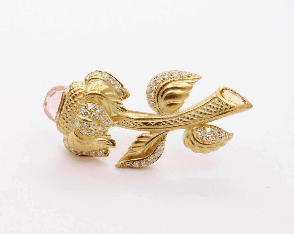 Judith Ripka Vintage 18K Yellow Gold Pink Topaz Citrine Diamond Floral Brooch