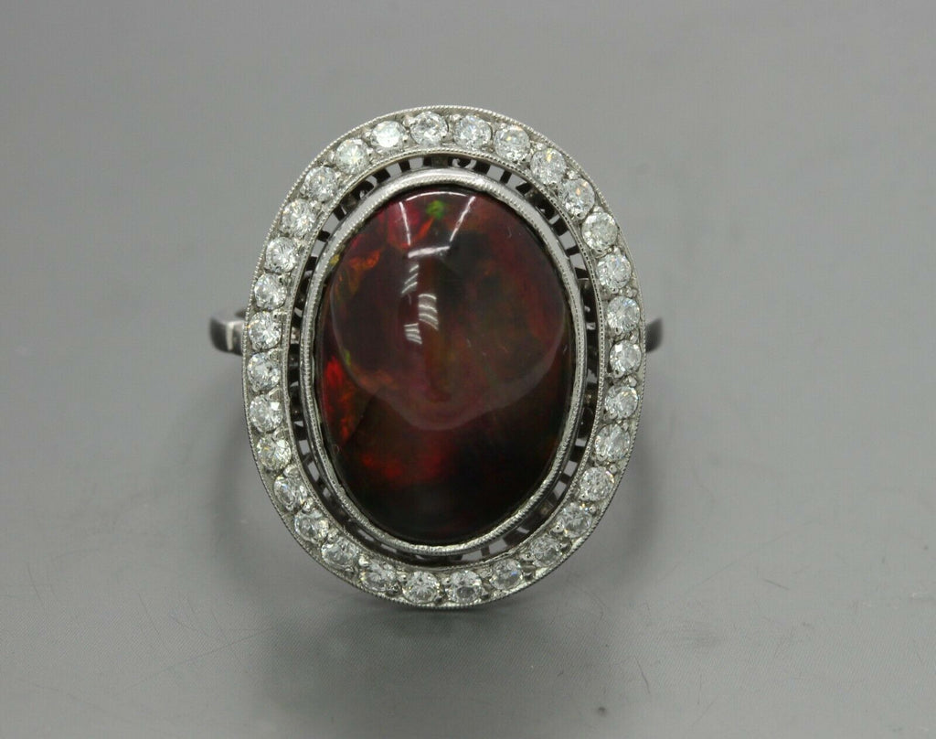 Vintage Platinum Black Australian Opal Diamond Cocktail Ring
