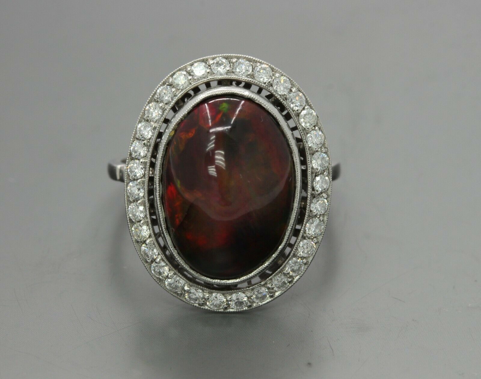 Vintage Platinum Black Australian Opal Diamond Cocktail Ring