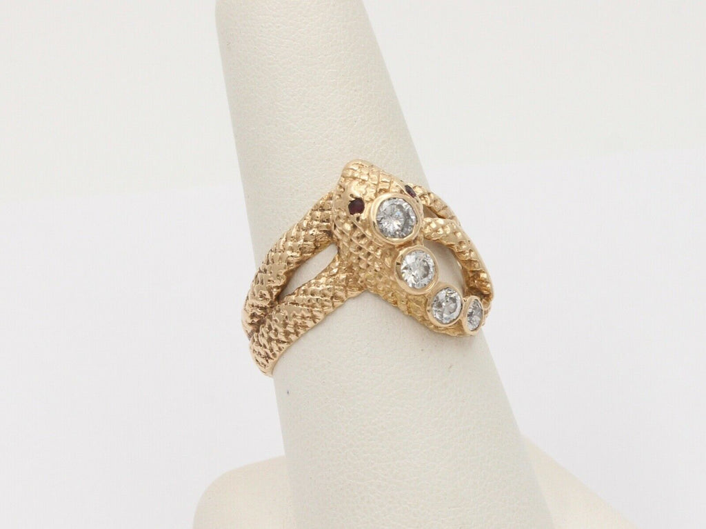Vintage Snake Diamond Rubies 14K Yellow Gold Ring