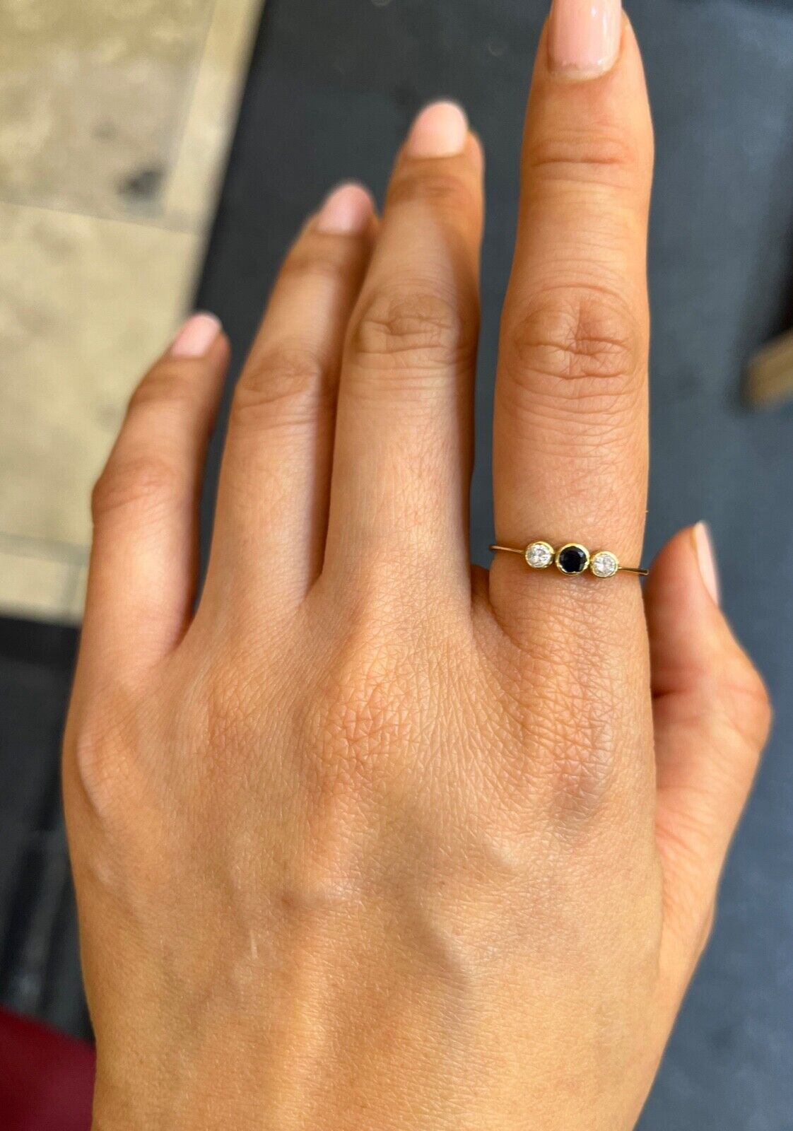 Vintage 14K Yellow Gold Three Stone Sapphire And Paste Ring. Band