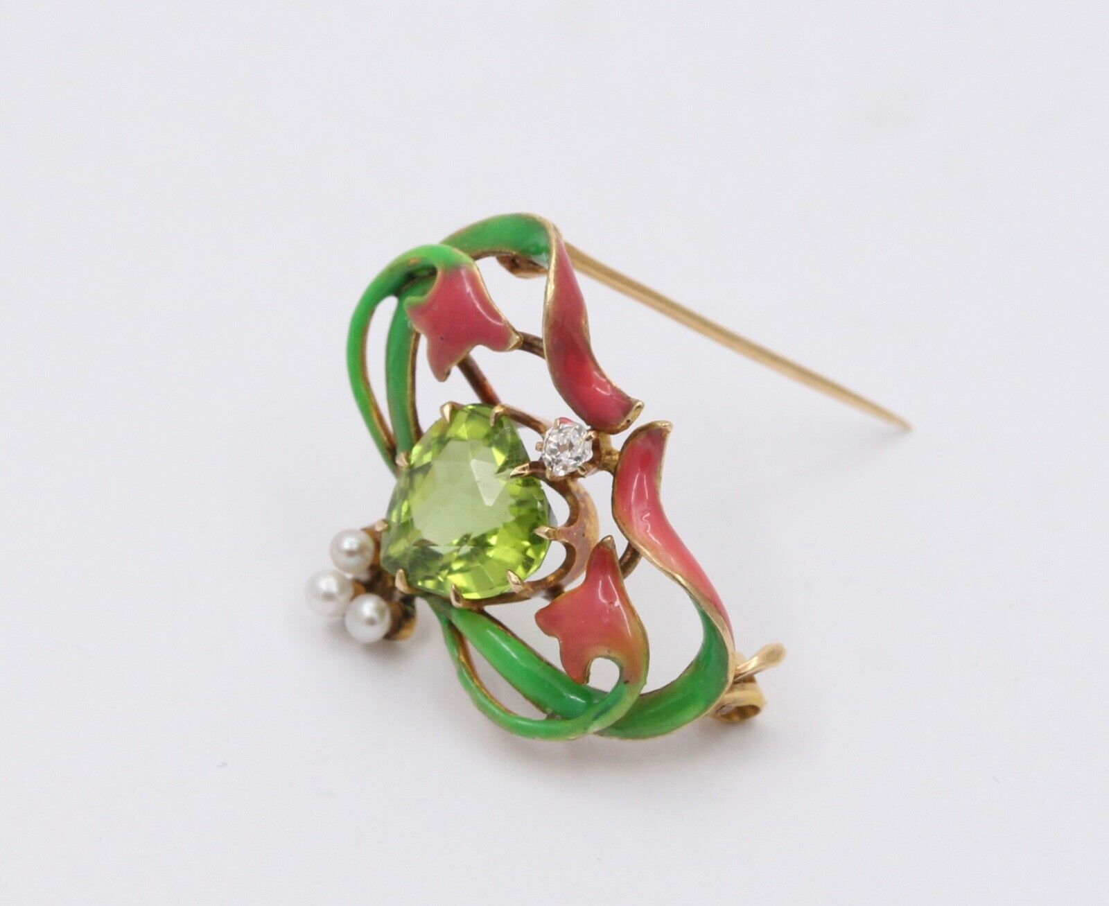 Art Nouveau Peridot 18K Yellow Gold Enamel Brooch Pin