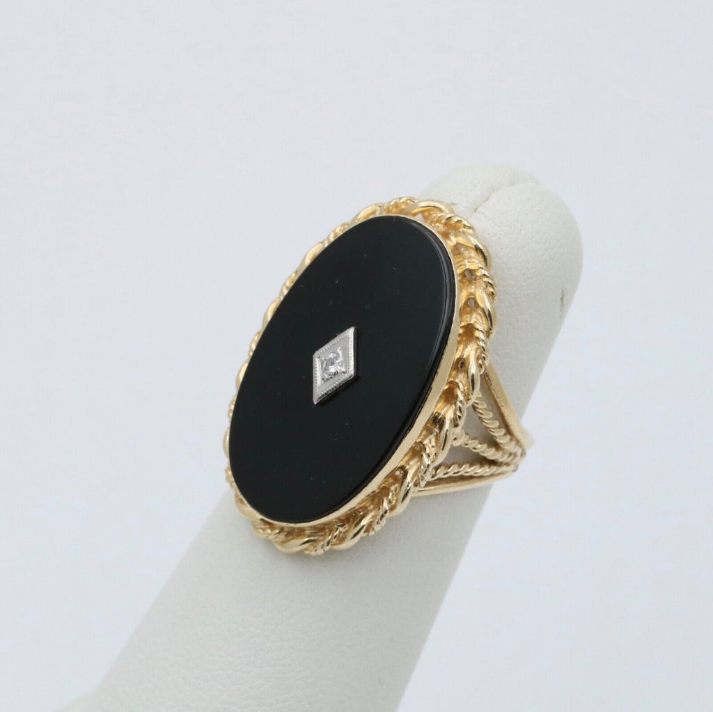 Art Deco Diammond Onyx 14K Yellow White Gold Filagree Ring