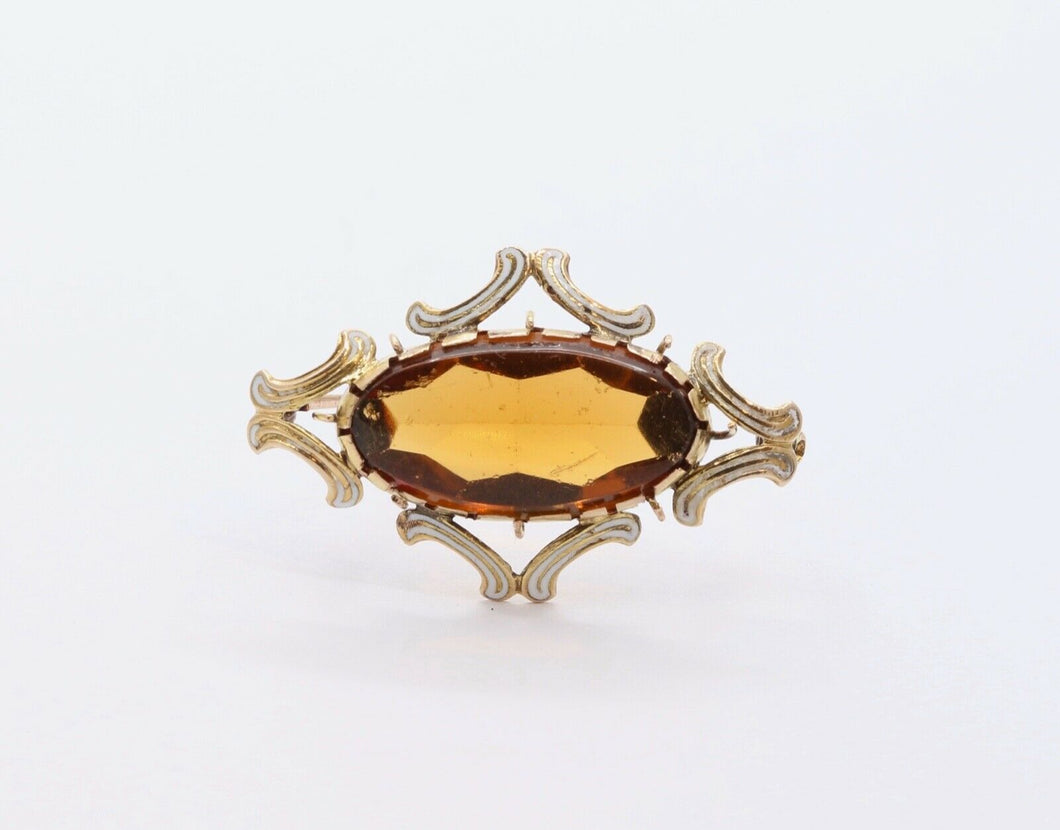 Victorian Edwardian Citrine White Enamel 14K Yellow Gold Brooch Pin