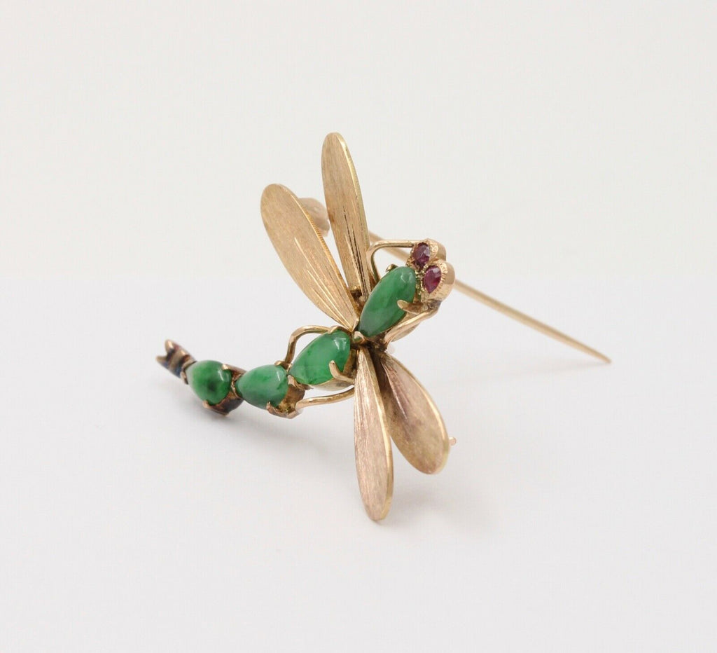 Vintage Dragonfly Jade Tourmalines 14K Yellow Gold Brooch Pin