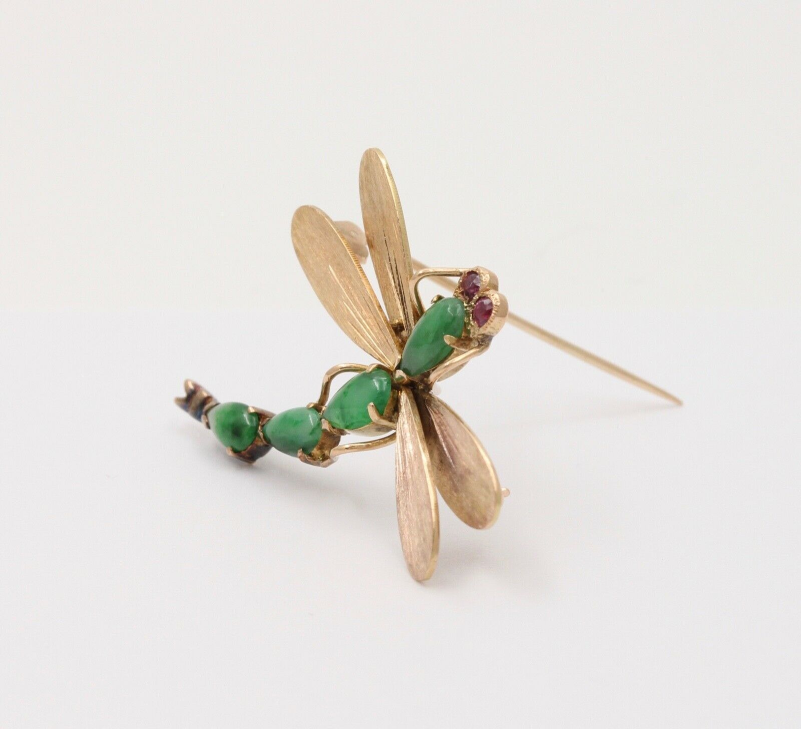 Vintage Dragonfly Jade Tourmalines 14K Yellow Gold Brooch Pin