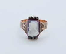 Load image into Gallery viewer, Victorian Ladies Carved Agate Cameo Seed Pearls 14K Rose Gold Ring
