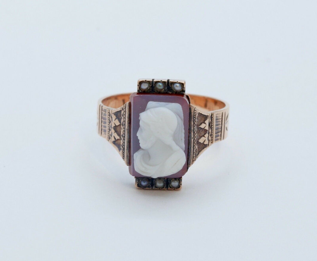 Victorian Ladies Carved Agate Cameo Seed Pearls 14K Rose Gold Ring