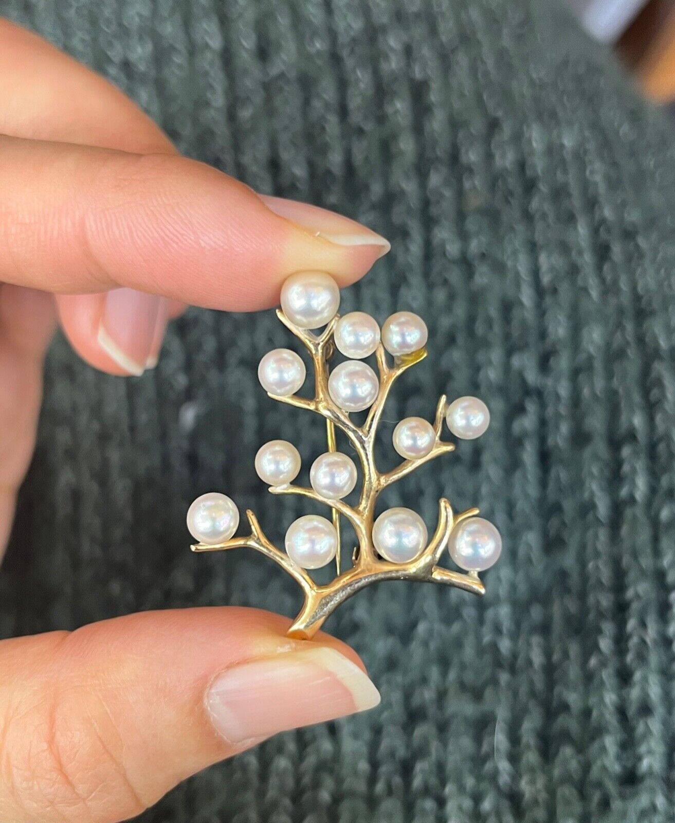 Vintage Mikimoto 14K Yellow Gold Cultured Akoya Pearl Branching Flower Brooch