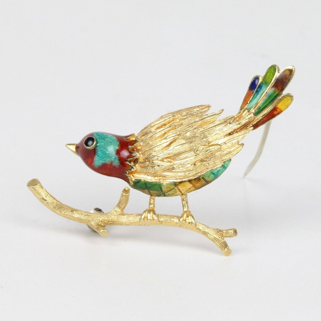 Vintage 18K Yellow Gold Enamel Bird Brooch Pin
