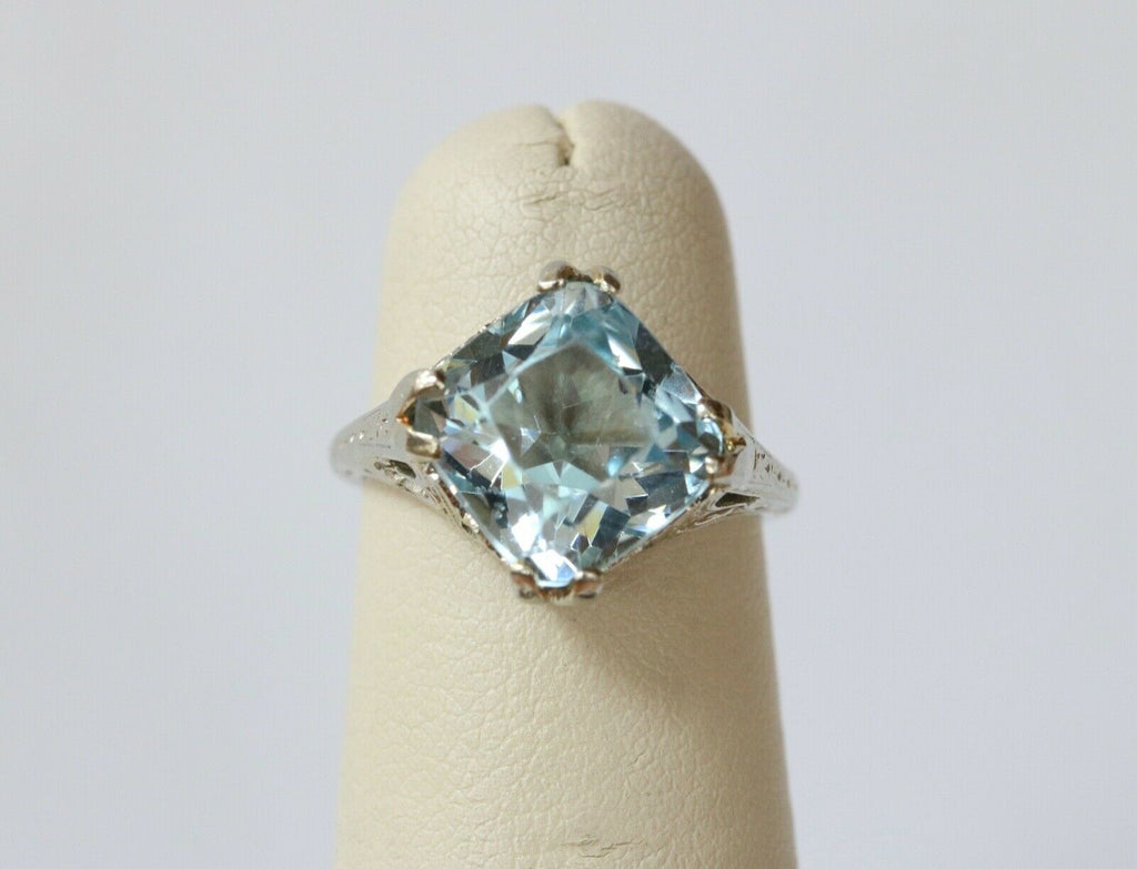 Art Deco 18K White Gold Synthetic Aquamarine Ring